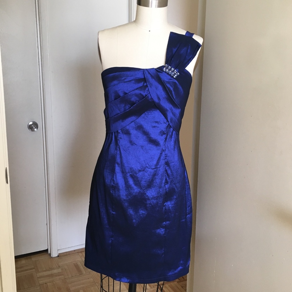 David’s Bridal Bright Blue Jewel Asymmetrical Dress, 8